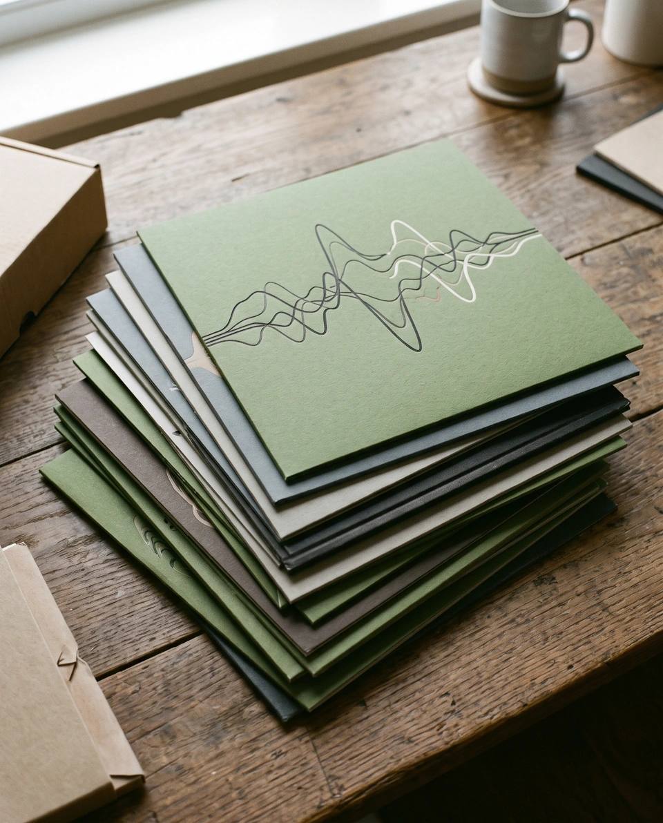 A stack of record sleeves with printed waveforms on moss-green and grey paper.