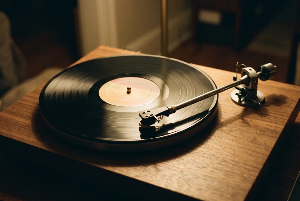A record turning on a wooden turntable under warm lamp light.