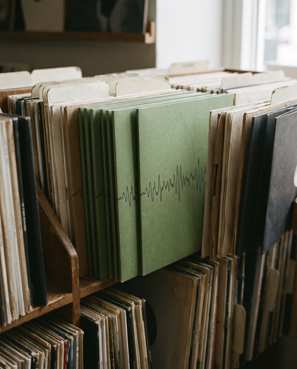 A record shop shelf with the label's sleeves in a row.