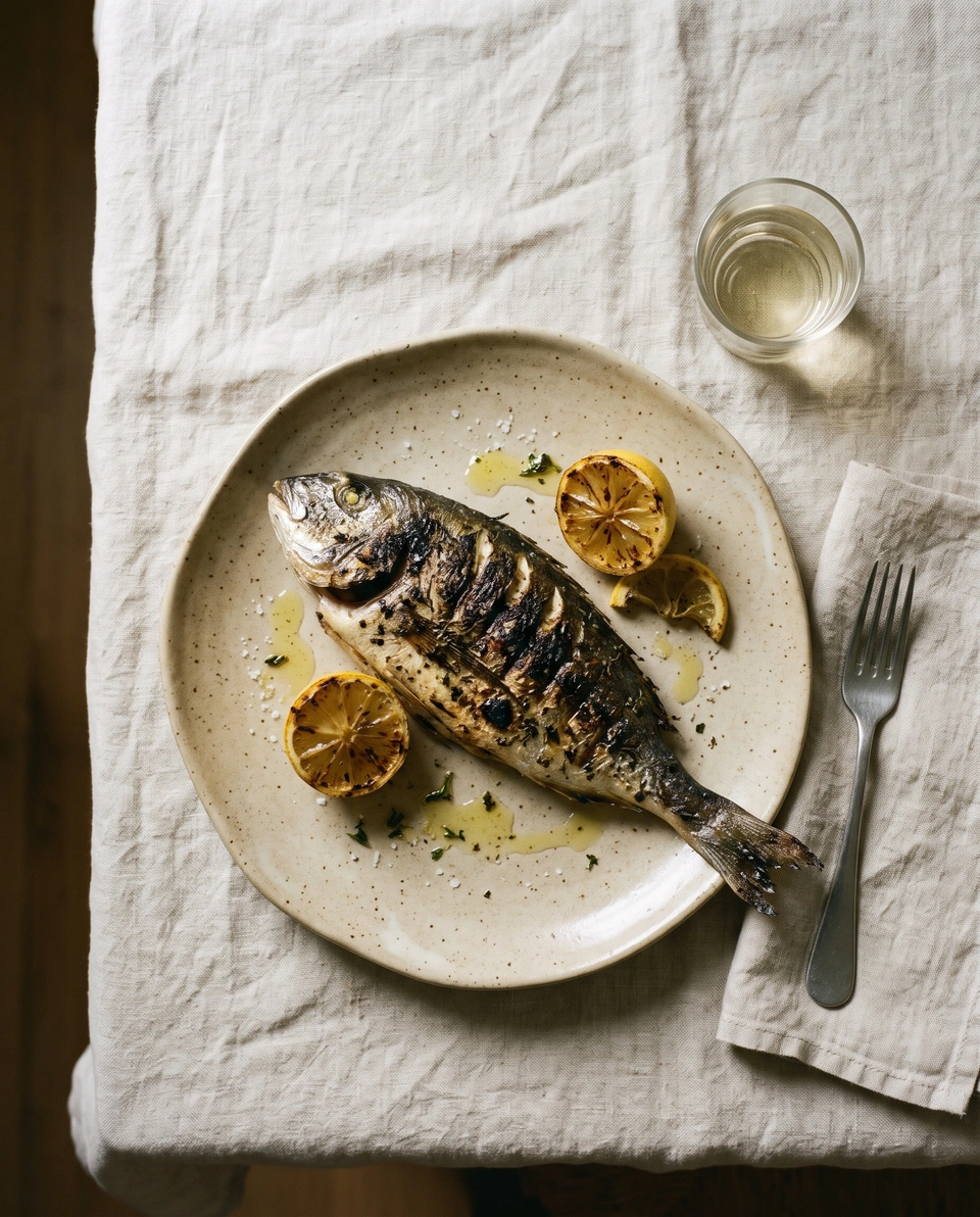 Overhead view of a grilled fish with lemon on a sand-coloured ceramic plate.
