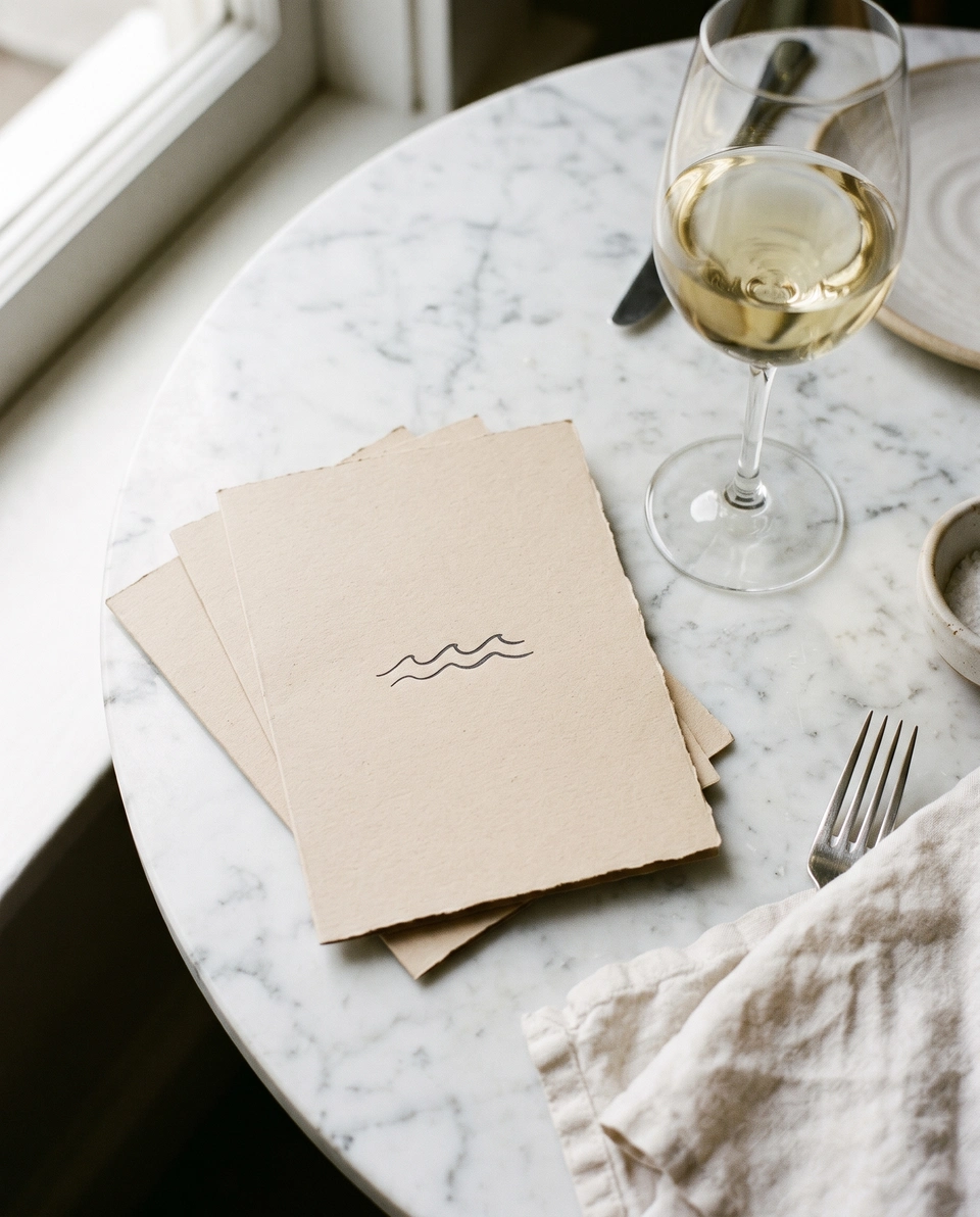 Printed daily menu cards on a marble table next to a glass of white wine.