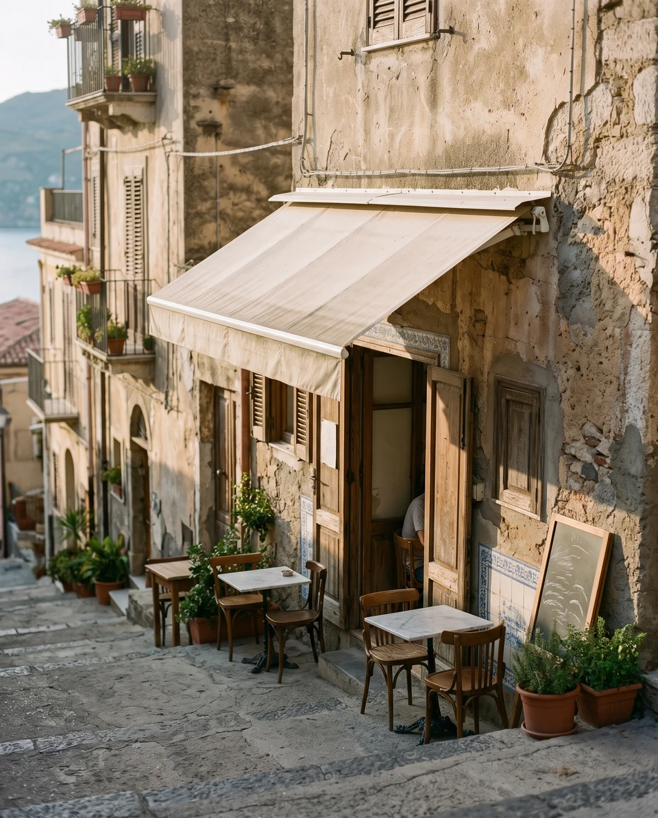 The restaurant facade on a steep street with a canvas awning, late afternoon.