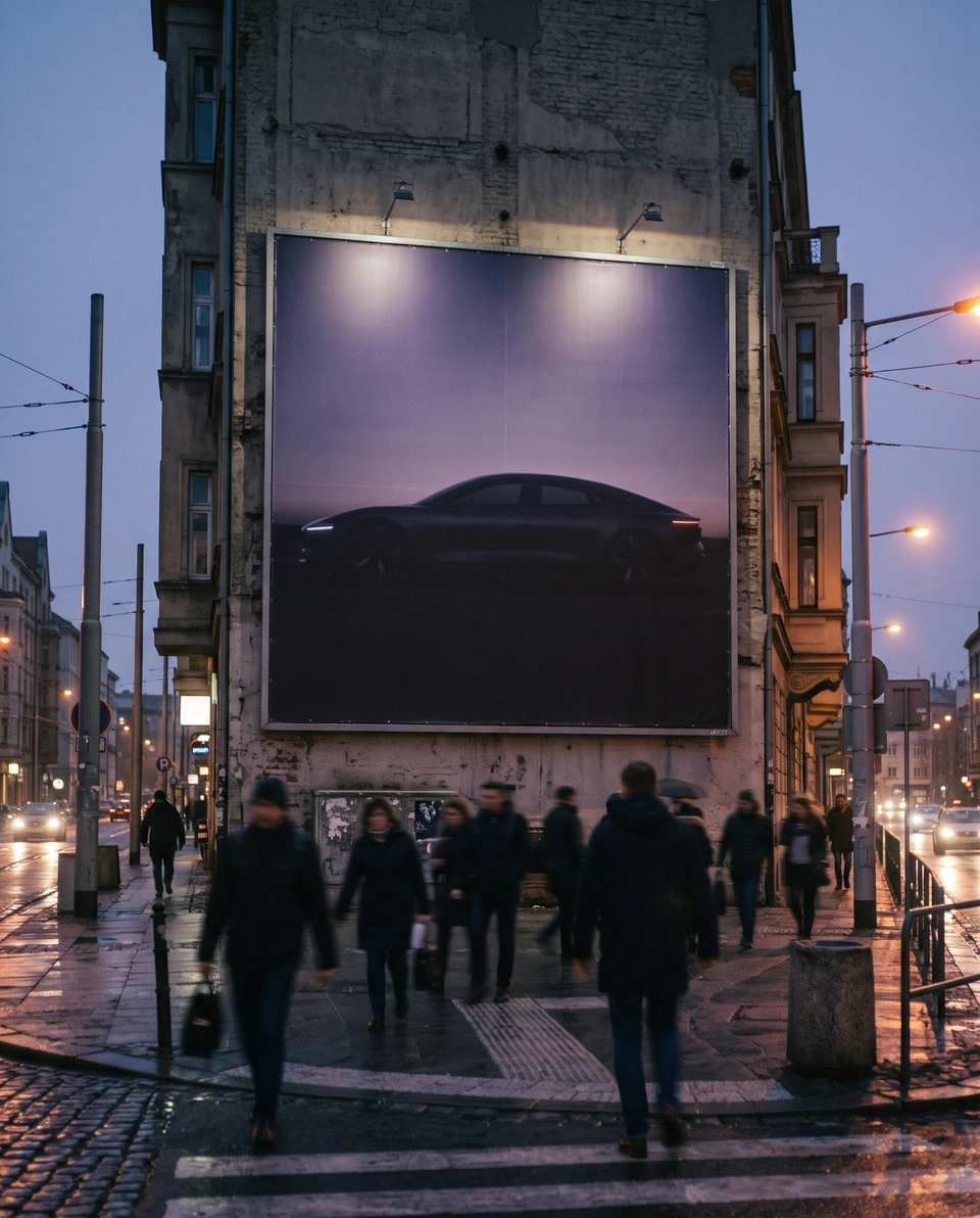 A large billboard with a car in silhouette on a city wall at dusk, people crossing the street below.