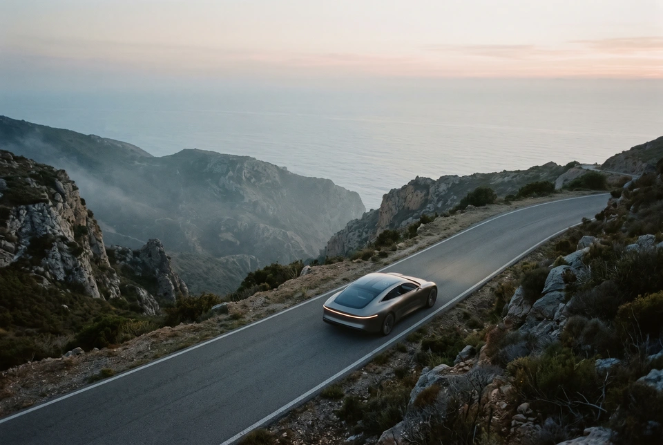 A car on an empty coastal road at dawn, seen from above.
