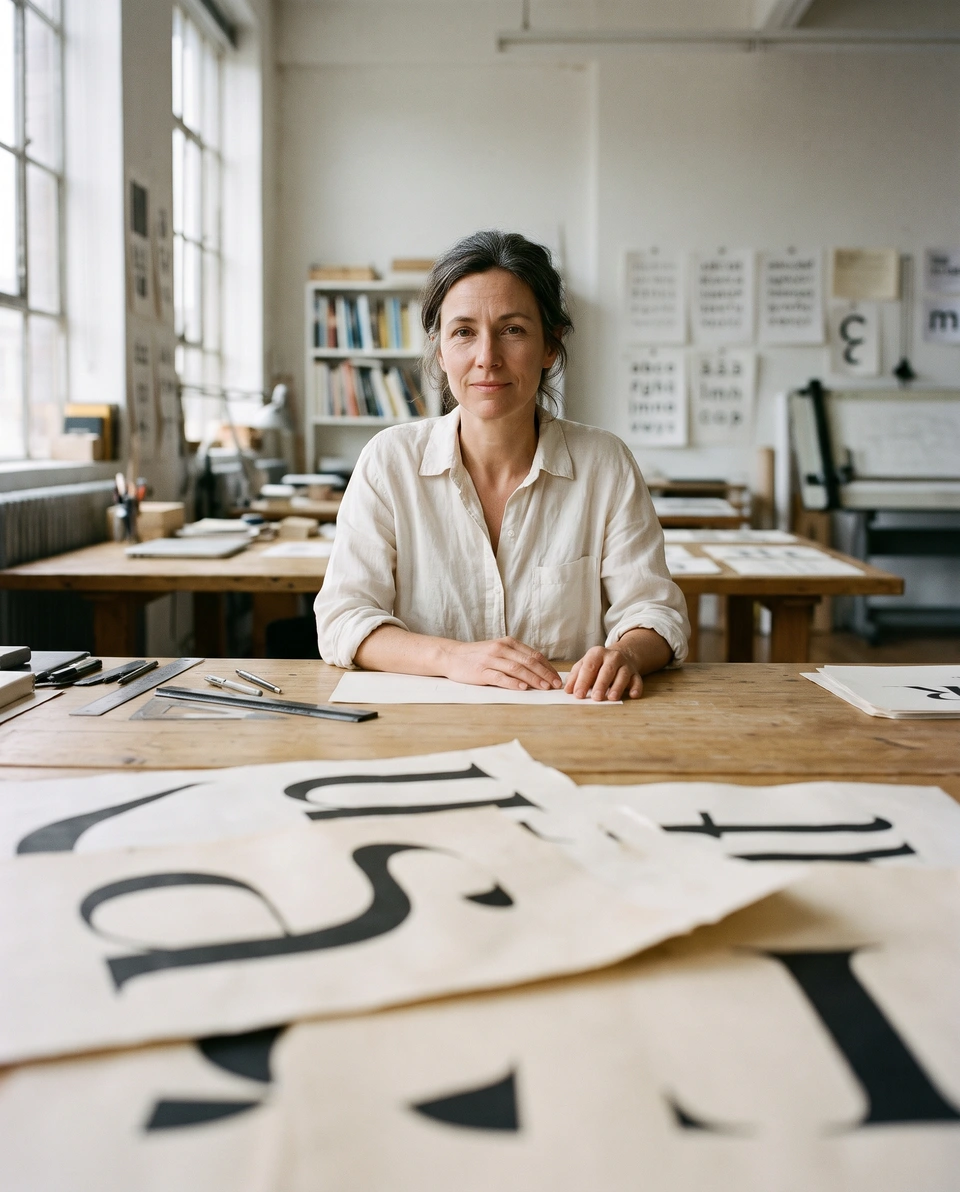 The studio's type designer looking at the camera