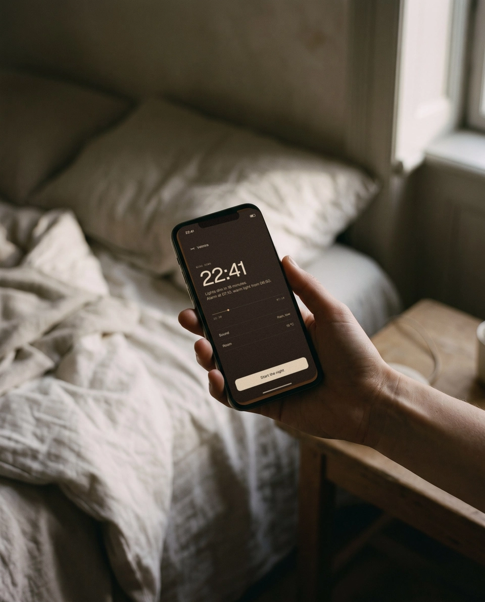 A hand holding a phone in a dim bedroom. The screen shows a simple sleep timer.