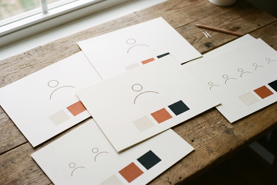 Printed brand guideline sheets spread on a wooden desk.