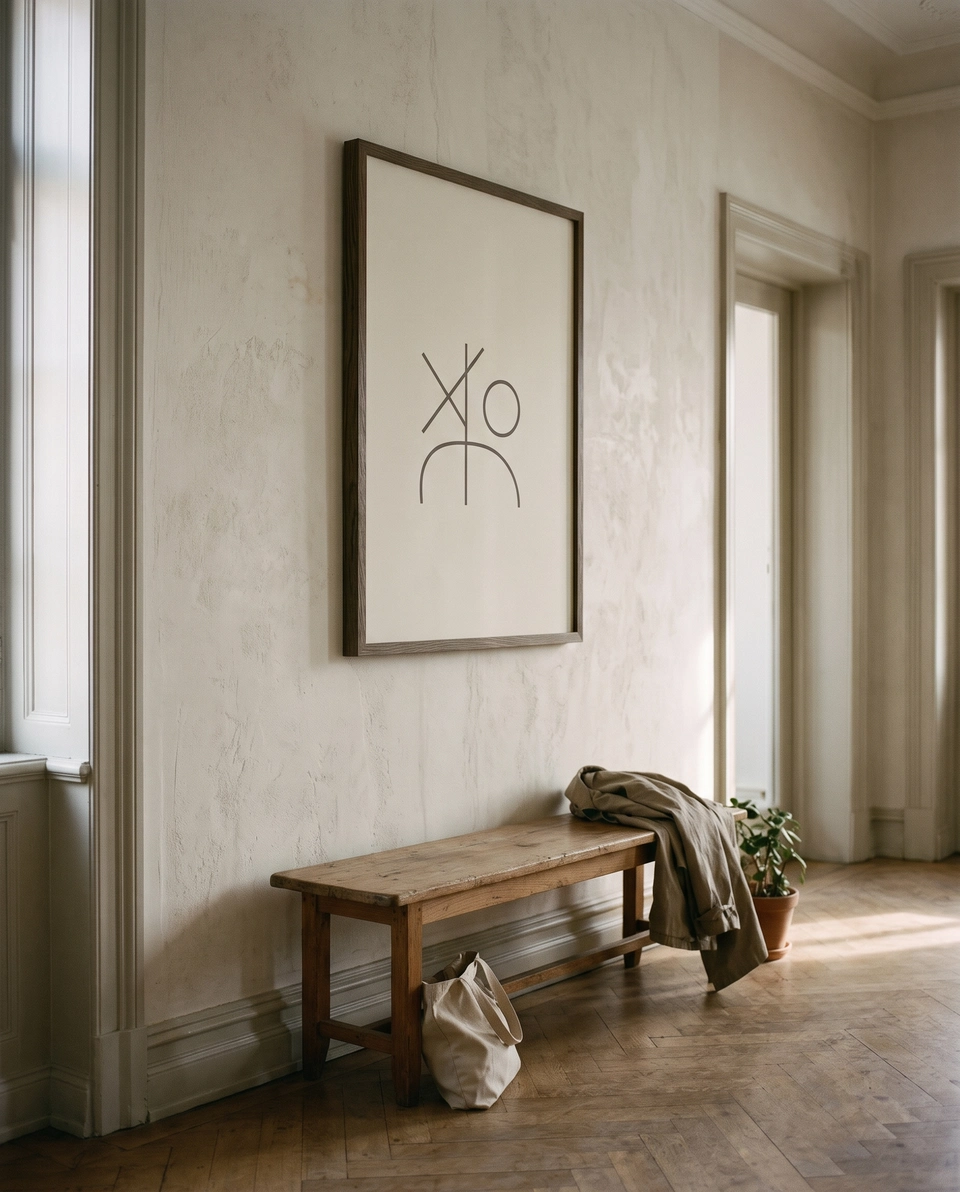A framed poster with a simple line mark above a wooden bench in a quiet hallway.