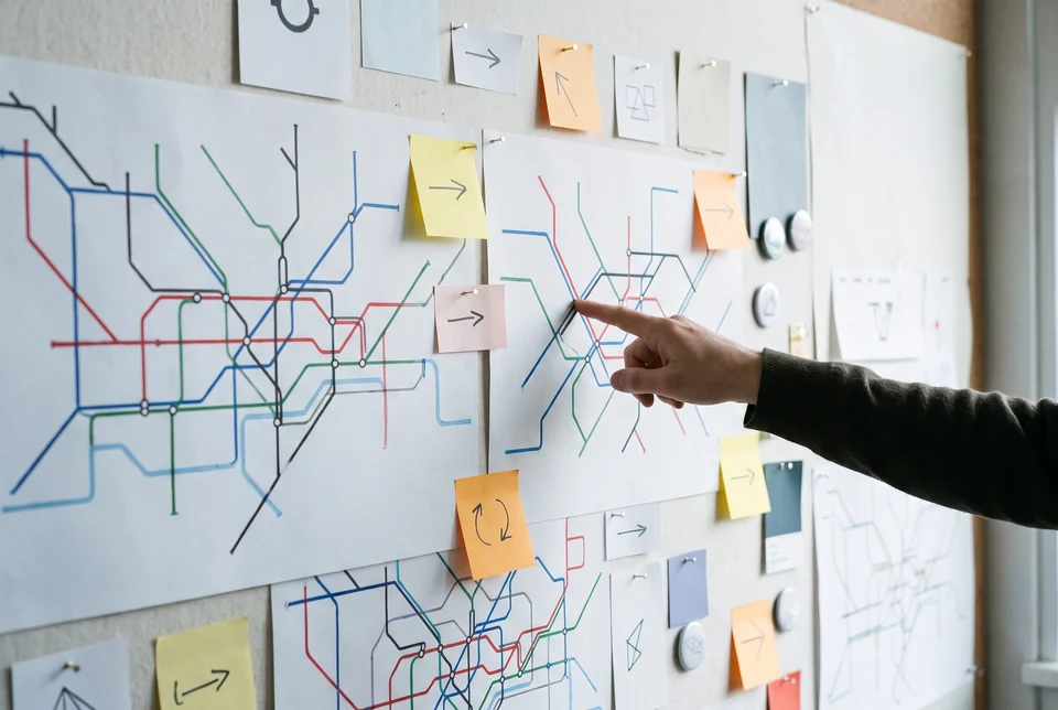 A studio wall with pinned route maps and a hand pointing at one line.